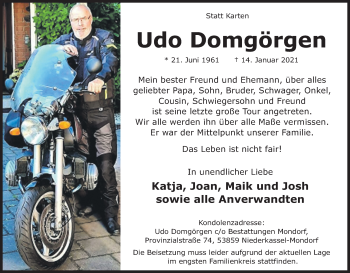 Anzeige von Udo Domgörgen von Kölner Stadt-Anzeiger / Kölnische Rundschau / Express