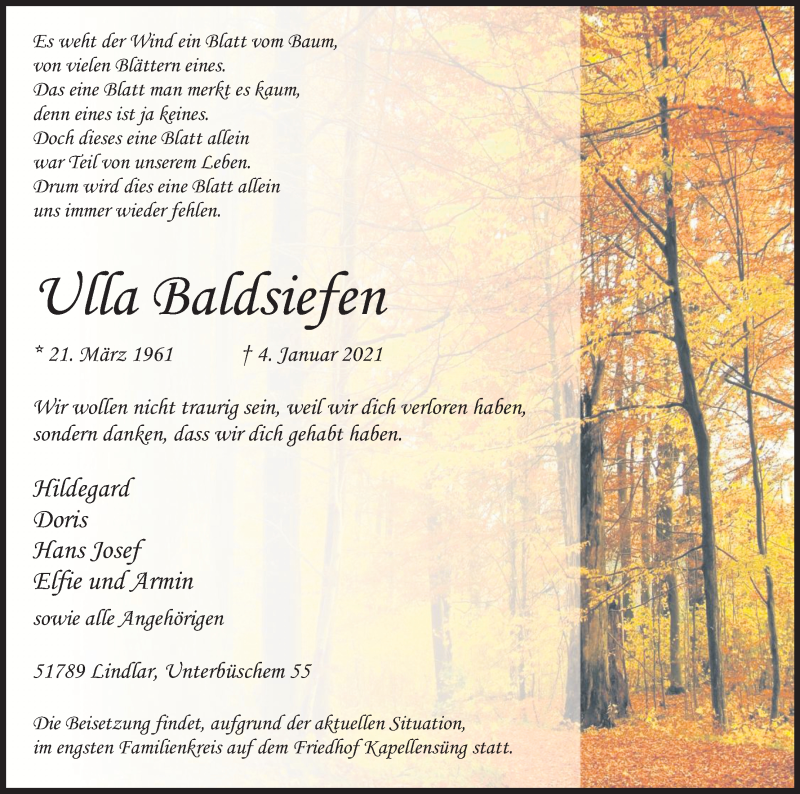  Traueranzeige für Ulla Baldsiefen vom 16.01.2021 aus Kölner Stadt-Anzeiger / Kölnische Rundschau / Express