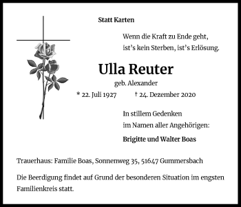 Anzeige von Ulla Reuter von Kölner Stadt-Anzeiger / Kölnische Rundschau / Express