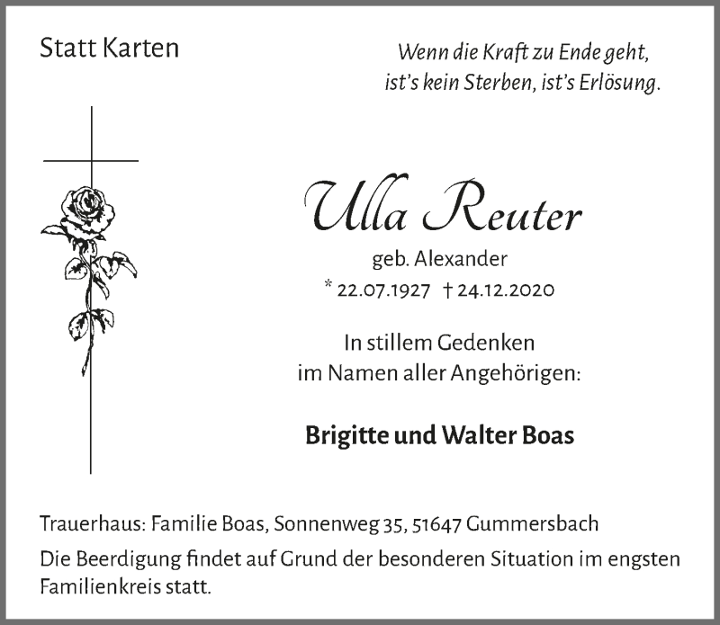  Traueranzeige für Ulla Reuter vom 02.01.2021 aus  Anzeigen Echo 