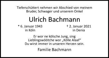 Anzeige von Ulrich Bachmann von Kölner Stadt-Anzeiger / Kölnische Rundschau / Express