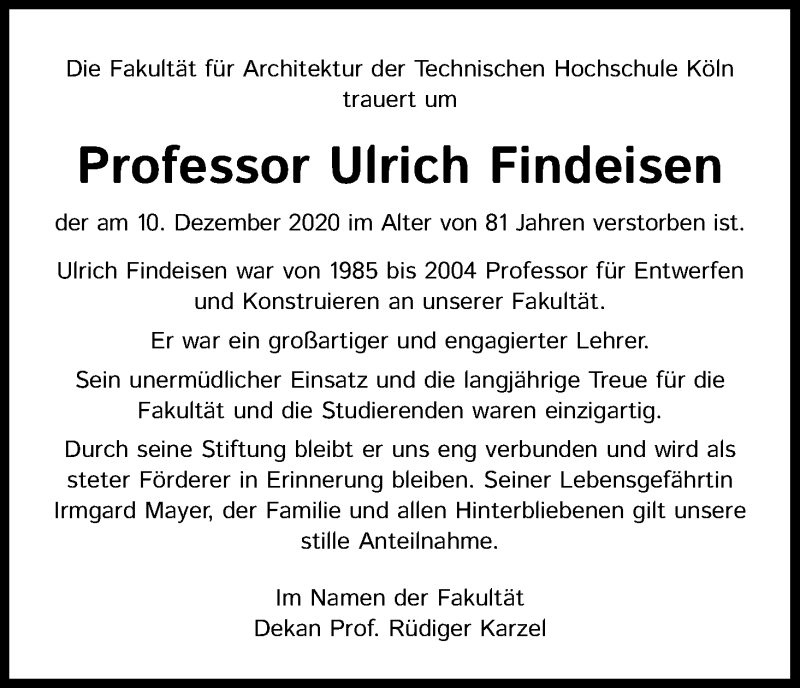  Traueranzeige für Ulrich Findeisen vom 16.01.2021 aus Kölner Stadt-Anzeiger / Kölnische Rundschau / Express