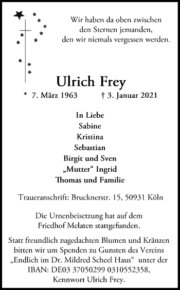 Anzeige von Ulrich Frey von Kölner Stadt-Anzeiger / Kölnische Rundschau / Express