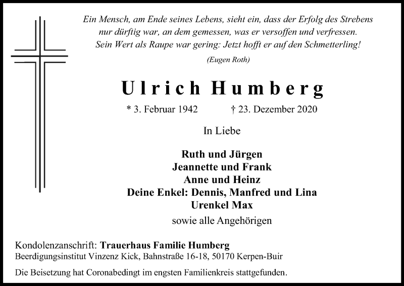  Traueranzeige für Ulrich Humberg vom 02.01.2021 aus Kölner Stadt-Anzeiger / Kölnische Rundschau / Express