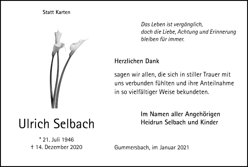  Traueranzeige für Ulrich Selbach vom 30.01.2021 aus Kölner Stadt-Anzeiger / Kölnische Rundschau / Express
