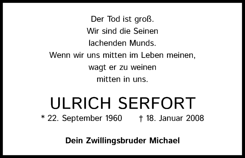 Traueranzeige für Ulrich Serfort vom 18.01.2021 aus Kölner Stadt-Anzeiger / Kölnische Rundschau / Express