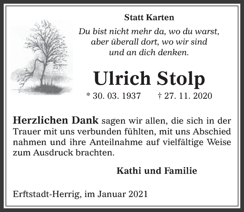  Traueranzeige für Ulrich Stolp vom 02.01.2021 aus  Werbepost 