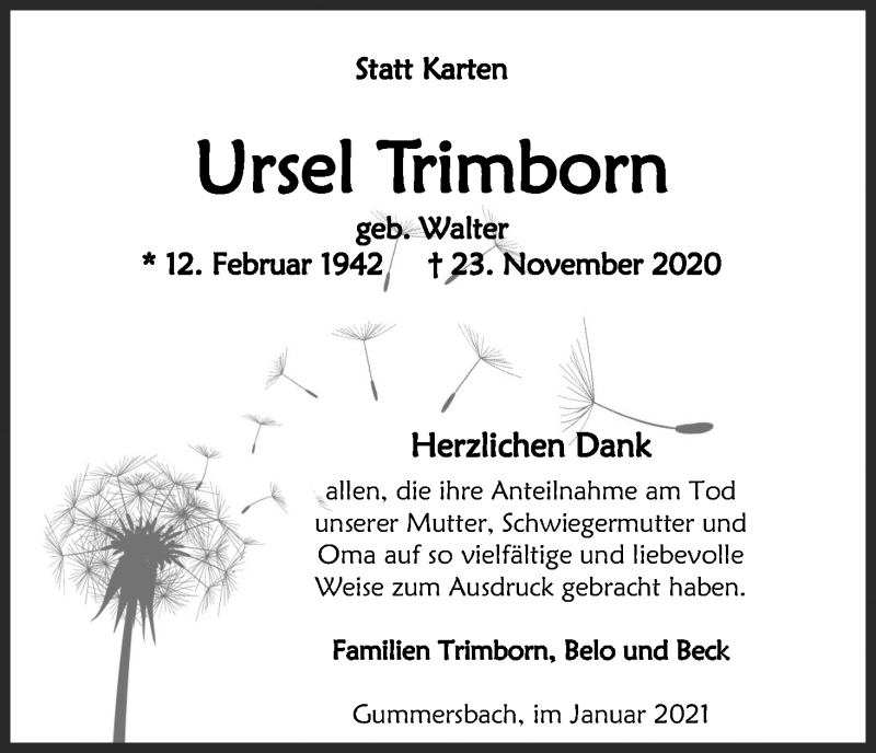  Traueranzeige für Ursel Trimborn vom 09.01.2021 aus Kölner Stadt-Anzeiger / Kölnische Rundschau / Express