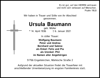 Anzeige von Ursula Baumann von Kölner Stadt-Anzeiger / Kölnische Rundschau / Express