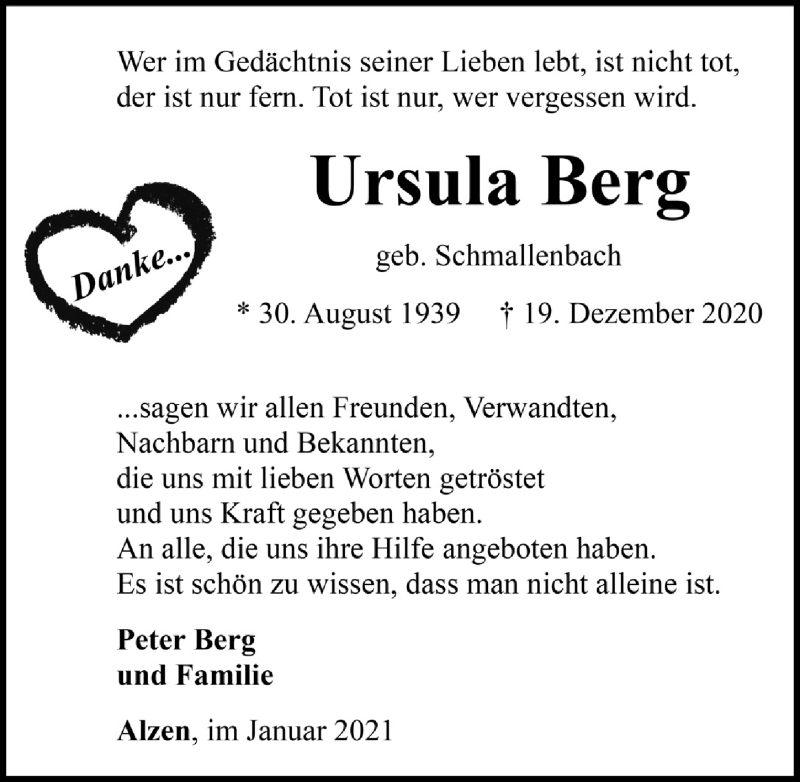  Traueranzeige für Ursula Berg vom 29.01.2021 aus  Lokalanzeiger 