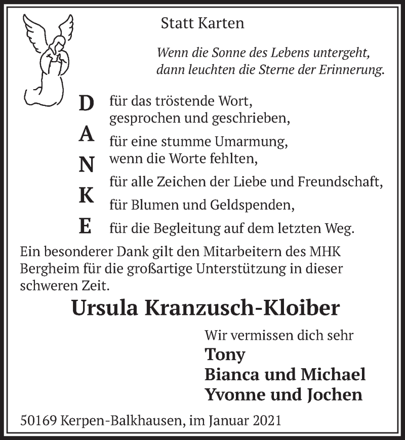  Traueranzeige für Ursula Kranzusch-Kloiber vom 15.01.2021 aus  Werbepost 