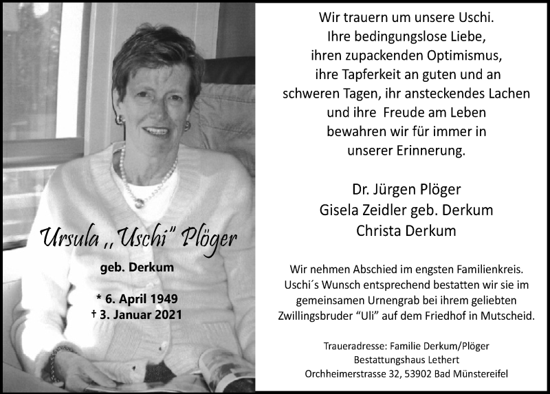  Traueranzeige für Ursula  Plöger vom 30.01.2021 aus  Blickpunkt Euskirchen 
