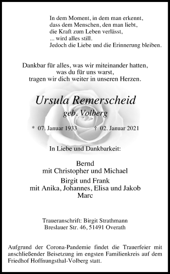 Anzeige von Ursula Remerscheid von Kölner Stadt-Anzeiger / Kölnische Rundschau / Express