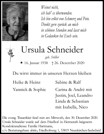Anzeige von Ursula Schneider von Kölner Stadt-Anzeiger / Kölnische Rundschau / Express
