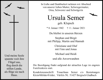 Anzeige von Ursula Semer von Kölner Stadt-Anzeiger / Kölnische Rundschau / Express
