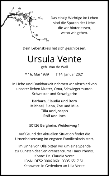 Anzeige von Ursula Vente von Kölner Stadt-Anzeiger / Kölnische Rundschau / Express