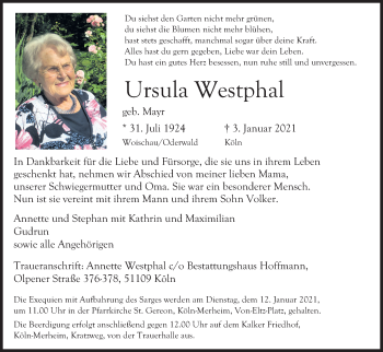 Anzeige von Ursula Westphal von Kölner Stadt-Anzeiger / Kölnische Rundschau / Express