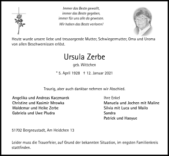 Anzeige von Ursula Zerbe von Kölner Stadt-Anzeiger / Kölnische Rundschau / Express