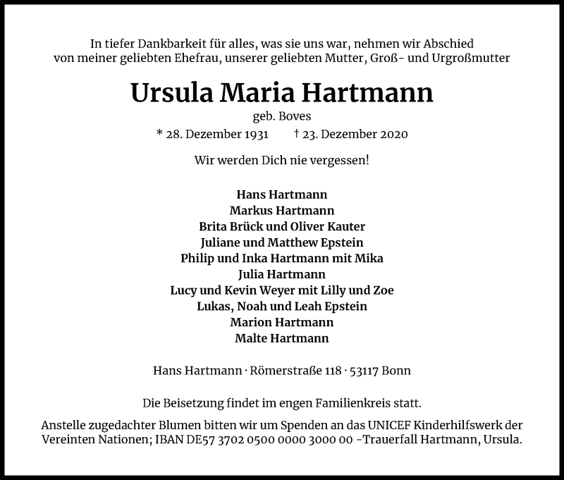  Traueranzeige für Ursula Maria Hartmann vom 09.01.2021 aus Kölner Stadt-Anzeiger / Kölnische Rundschau / Express