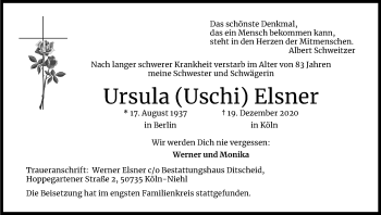 Anzeige von UrsulaUschi Elsner von Kölner Stadt-Anzeiger / Kölnische Rundschau / Express
