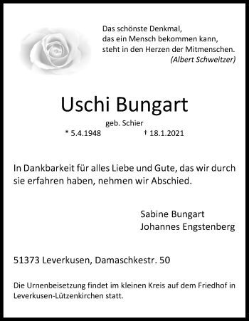 Anzeige von Uschi Bungart von Kölner Stadt-Anzeiger / Kölnische Rundschau / Express