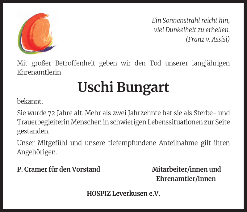  Traueranzeige für Uschi Bungart vom 30.01.2021 aus Kölner Stadt-Anzeiger / Kölnische Rundschau / Express