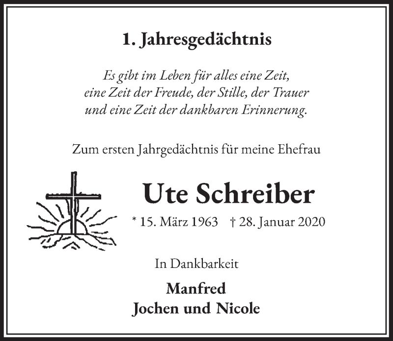  Traueranzeige für Ute Schreiber vom 29.01.2021 aus  Werbepost 