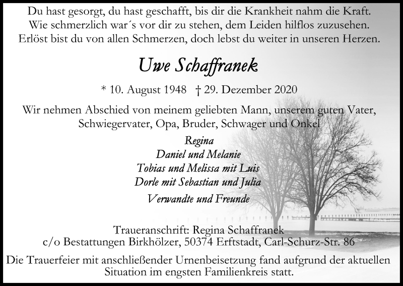  Traueranzeige für Uwe Schaffranek vom 16.01.2021 aus Kölner Stadt-Anzeiger / Kölnische Rundschau / Express