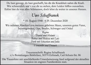 Anzeige von Uwe Schaffranek von  Werbepost 