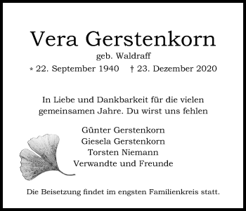Anzeige von Vera Gerstenkorn von Kölner Stadt-Anzeiger / Kölnische Rundschau / Express