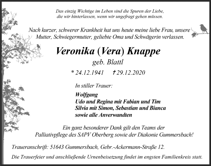  Traueranzeige für Veronika  Knappe vom 08.01.2021 aus  Anzeigen Echo 