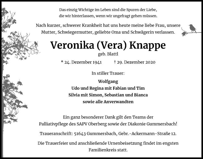  Traueranzeige für Veronika  Knappe vom 09.01.2021 aus Kölner Stadt-Anzeiger / Kölnische Rundschau / Express