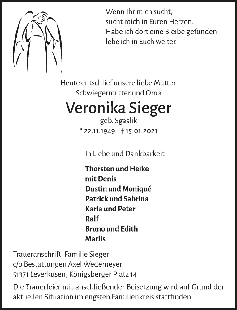  Traueranzeige für Veronika Sieger vom 22.01.2021 aus  Lokale Informationen 