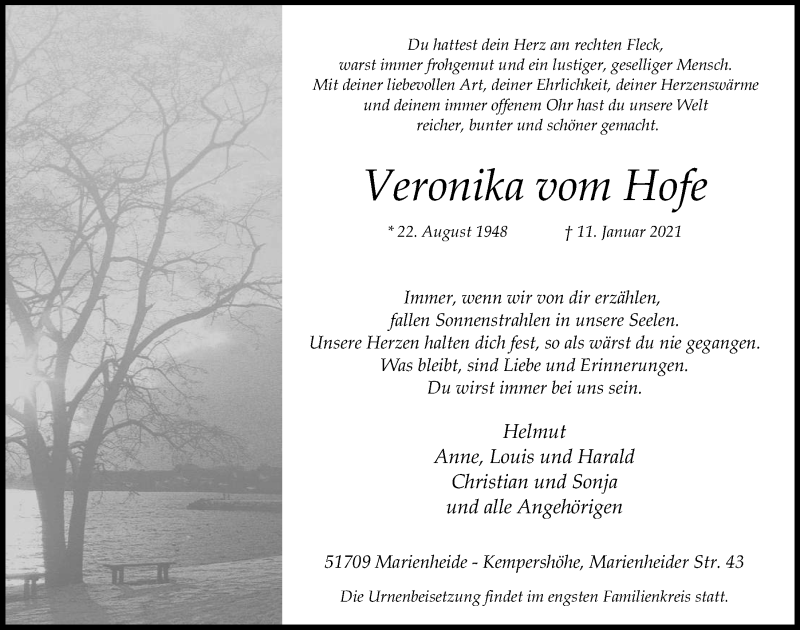  Traueranzeige für Veronika vom Hofe vom 22.01.2021 aus  Anzeigen Echo 
