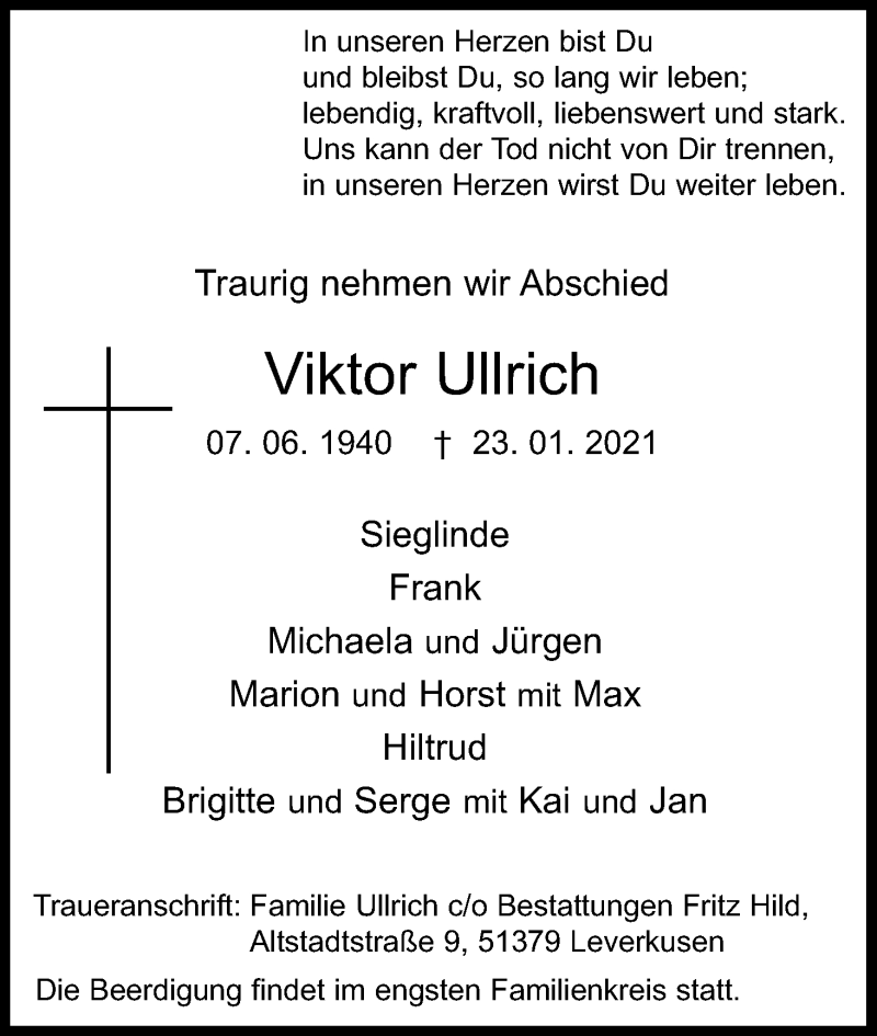  Traueranzeige für Viktor Ullrich vom 30.01.2021 aus Kölner Stadt-Anzeiger / Kölnische Rundschau / Express