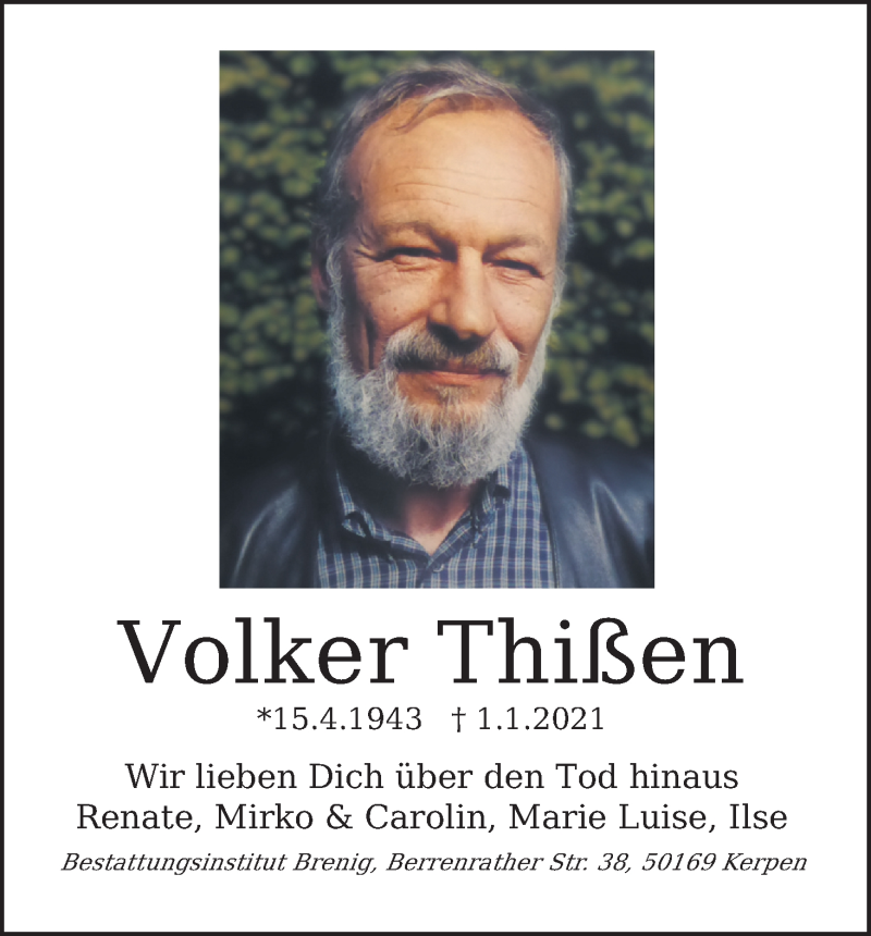  Traueranzeige für Volker Thißen vom 09.01.2021 aus Kölner Stadt-Anzeiger / Kölnische Rundschau / Express