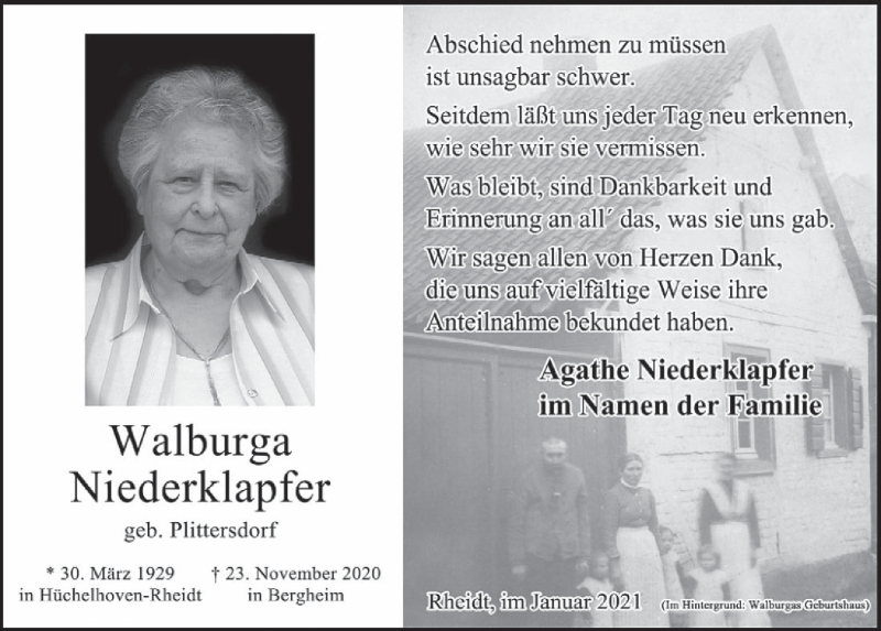  Traueranzeige für Walburga Niederklapfer vom 22.01.2021 aus  Werbepost 