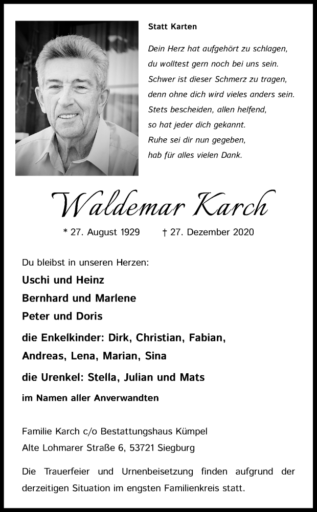  Traueranzeige für Waldemar Karch vom 09.01.2021 aus Kölner Stadt-Anzeiger / Kölnische Rundschau / Express