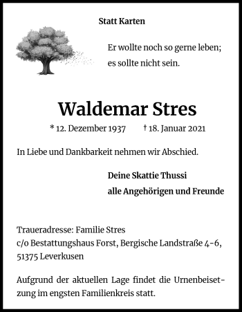 Anzeige von Waldemar Stres von Kölner Stadt-Anzeiger / Kölnische Rundschau / Express