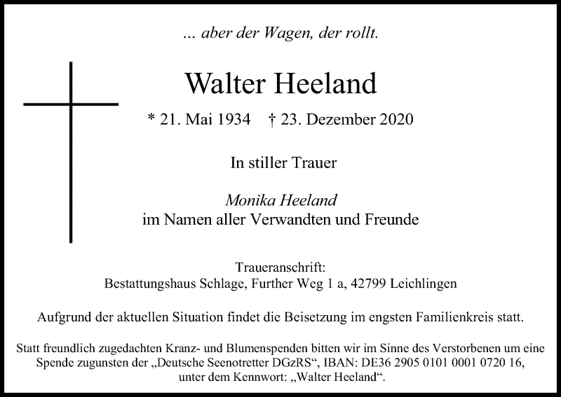  Traueranzeige für Walter Heeland vom 06.01.2021 aus Kölner Stadt-Anzeiger / Kölnische Rundschau / Express
