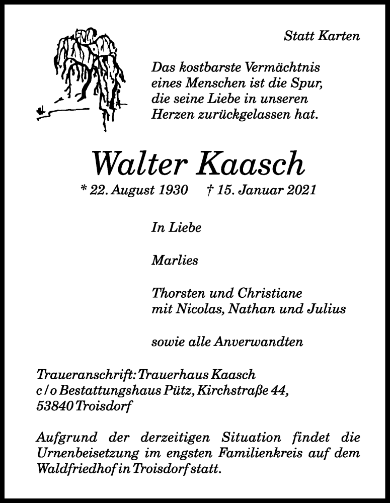  Traueranzeige für Walter Kaasch vom 23.01.2021 aus Kölner Stadt-Anzeiger / Kölnische Rundschau / Express