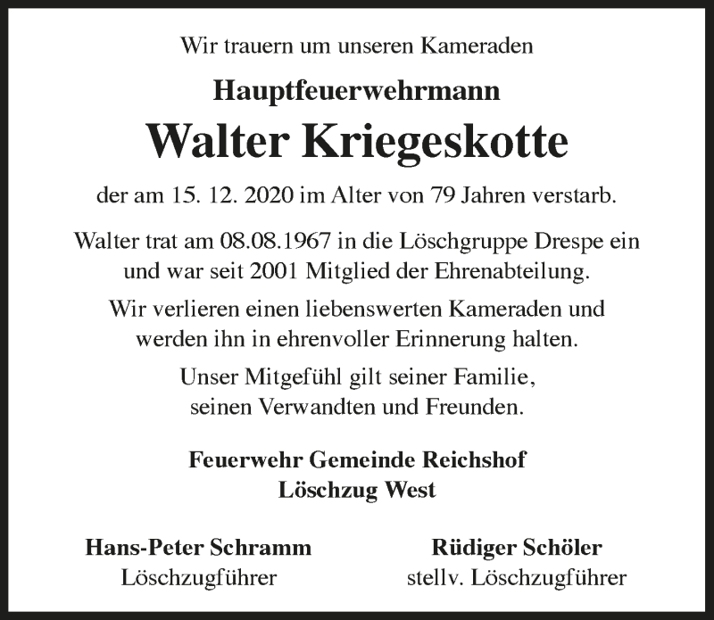  Traueranzeige für Walter Kriegeskotte vom 08.01.2021 aus  Anzeigen Echo 