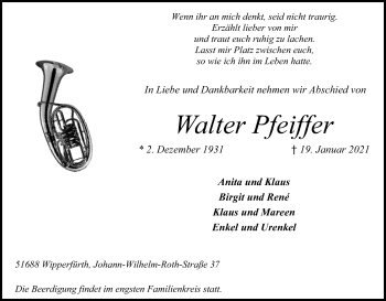 Anzeige von Walter Pfeiffer von Kölner Stadt-Anzeiger / Kölnische Rundschau / Express