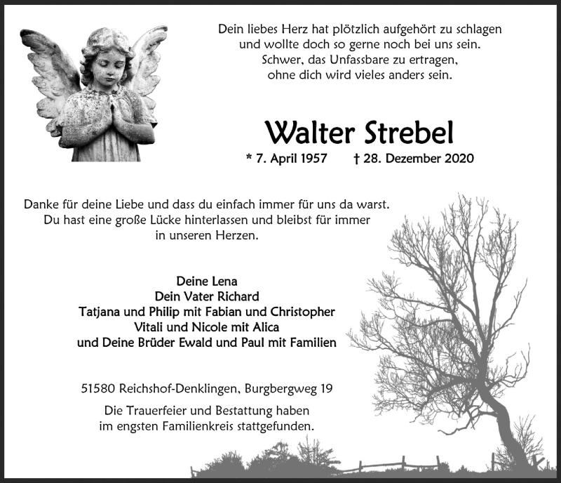  Traueranzeige für Walter Strebel vom 08.01.2021 aus  Lokalanzeiger 
