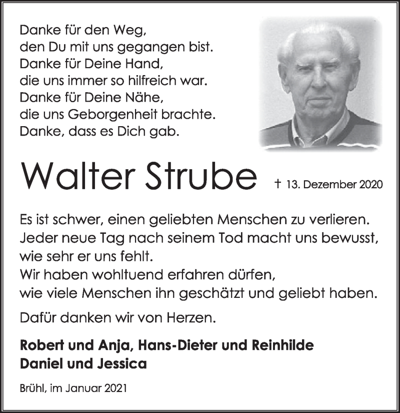  Traueranzeige für Walter Strube vom 29.01.2021 aus  Schlossbote/Werbekurier 