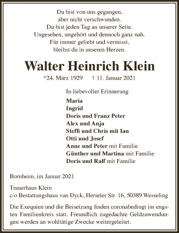 Anzeige von Walter Heinrich Klein von  Schaufenster/Blickpunkt 