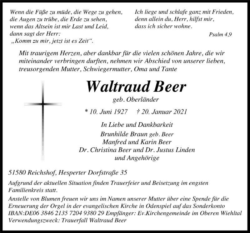  Traueranzeige für Waltraud Beer vom 29.01.2021 aus  Anzeigen Echo  Lokalanzeiger 