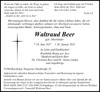 Anzeige von Waltraud Beer von Kölner Stadt-Anzeiger / Kölnische Rundschau / Express