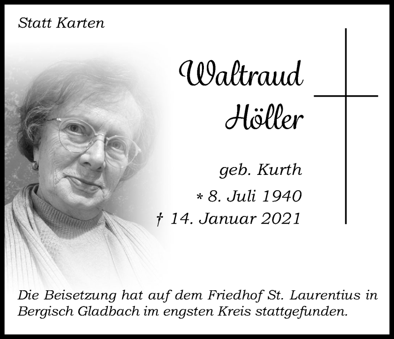  Traueranzeige für Waltraud Höller vom 30.01.2021 aus Kölner Stadt-Anzeiger / Kölnische Rundschau / Express