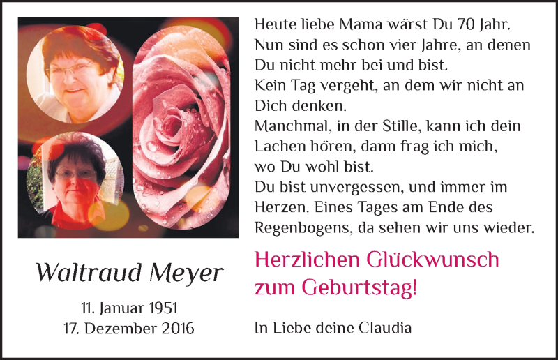  Traueranzeige für Waltraud Meyer vom 11.01.2021 aus Kölner Stadt-Anzeiger / Kölnische Rundschau / Express
